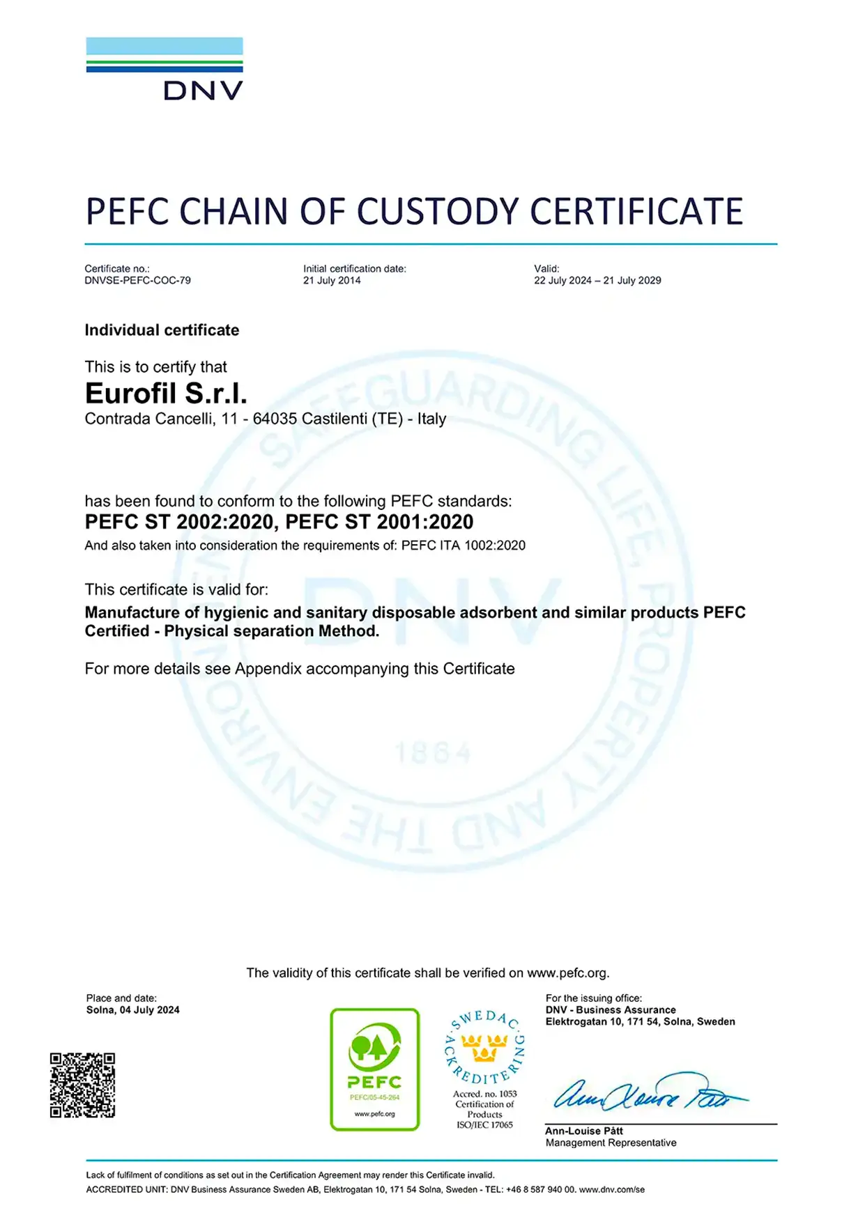 pefc chain of custody certificate